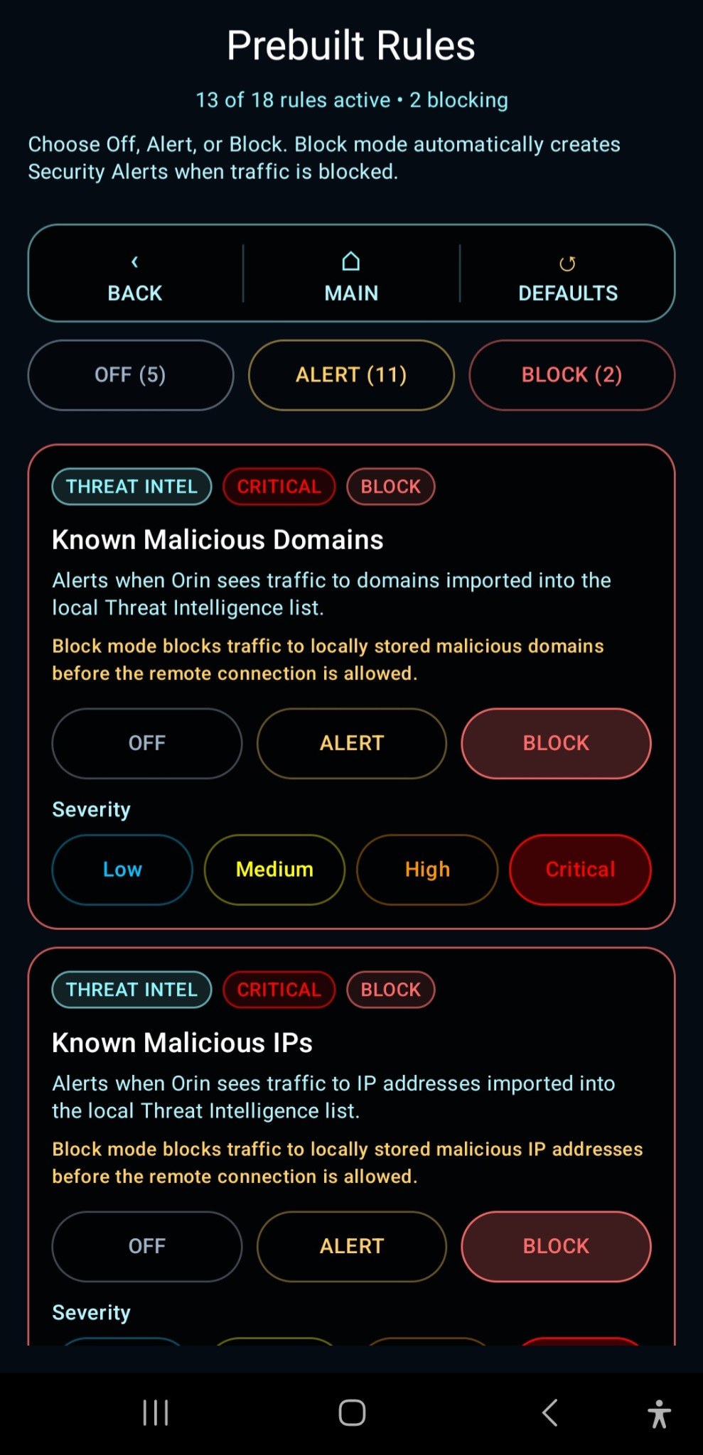 Orin prebuilt rules screen